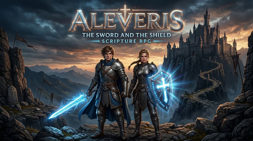 Aleveris heroes — sword and shield with blue glow